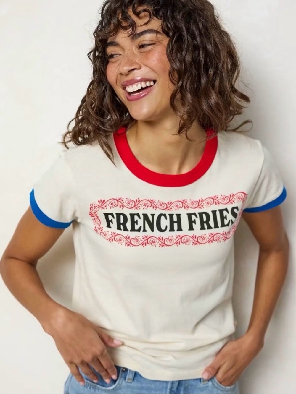 Natural Life Ringer Graphic Tee French Fries Blue Red Trim